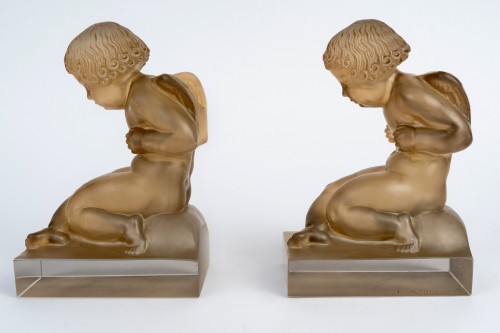 1929 René Lalique - Pair Of Bookends "amour" Glass With Sepia Patina - 