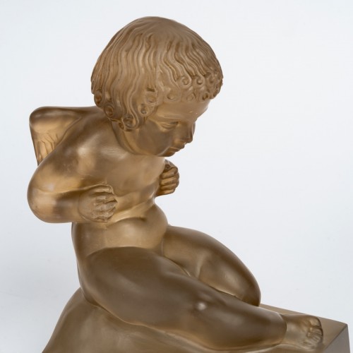 Art Déco - 1929 René Lalique - Pair Of Bookends "amour" Glass With Sepia Patina