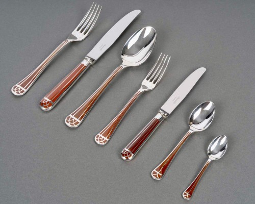 Antiquités - Christofle - Cutlery Set Talisman Silver Metal Sienna Chinese Lacquer 89 pieces