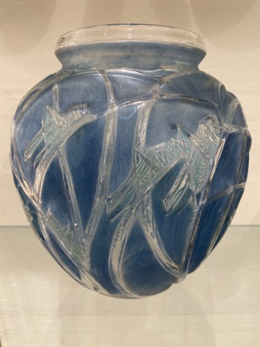 1912 Rene Lalique Sauterelles Vase Original Bleu Green Patina Grasshoppers - Glass & Crystal Style Art Déco