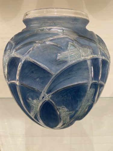 Glass & Crystal  - 1912 Rene Lalique Sauterelles Vase Original Bleu Green Patina Grasshoppers