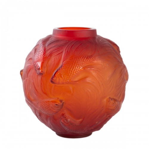 1930 René Lalique Spirales Vase in Red Orangy Glass