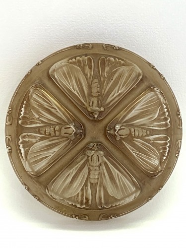 1911 René LALIQUE - Boîte Quatre Papillons Verre Blanc Patiné Sépia - BG Arts