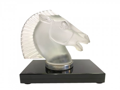 1929 Rene Lalique - Mascot Bookend Longchamp B Frosted Glass on Black Glass