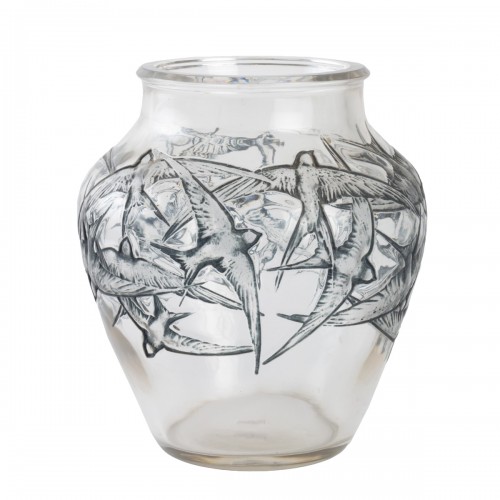 1919 René Lalique - Vase Hirondelles Clear Glass With Blue Enamel