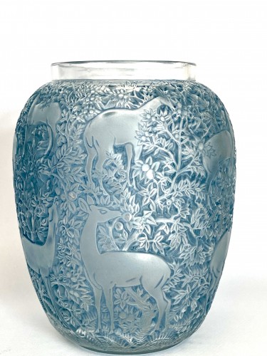 1931 René Lalique - Vase Biches Verre Blanc Patiné Bleu - Verrerie, Cristallerie Style Art Déco