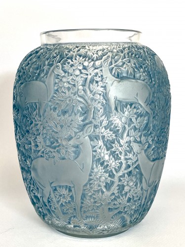 1931 René Lalique - Vase Biches Verre Blanc Patiné Bleu - BG Arts