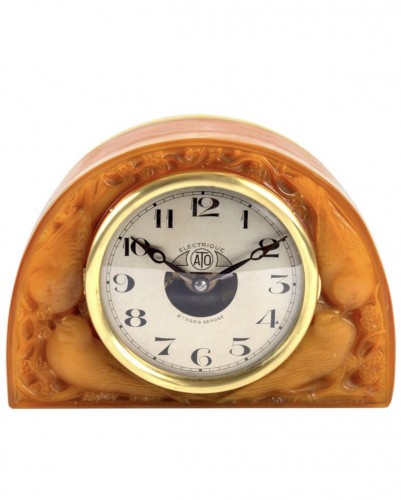 1924 René Lalique - Clock &quot;Moineaux&quot; Butterscotch Clock Original Ato Movement