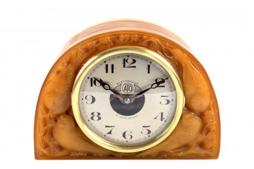 1924 René Lalique - Clock &quot;Moineaux&quot; Butterscotch Clock Original Ato Movement - Glass & Crystal Style Art Déco