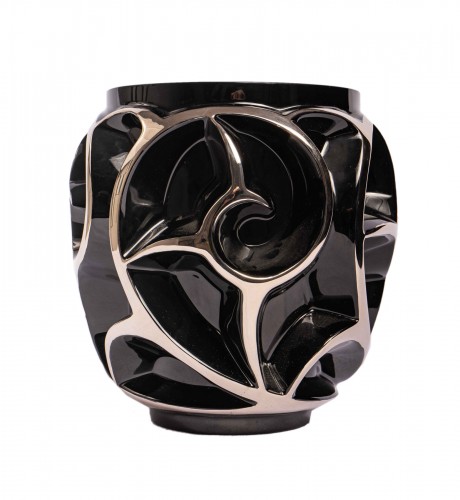 Lalique France - Vase Tourbillon Cristal Noir Emaillé