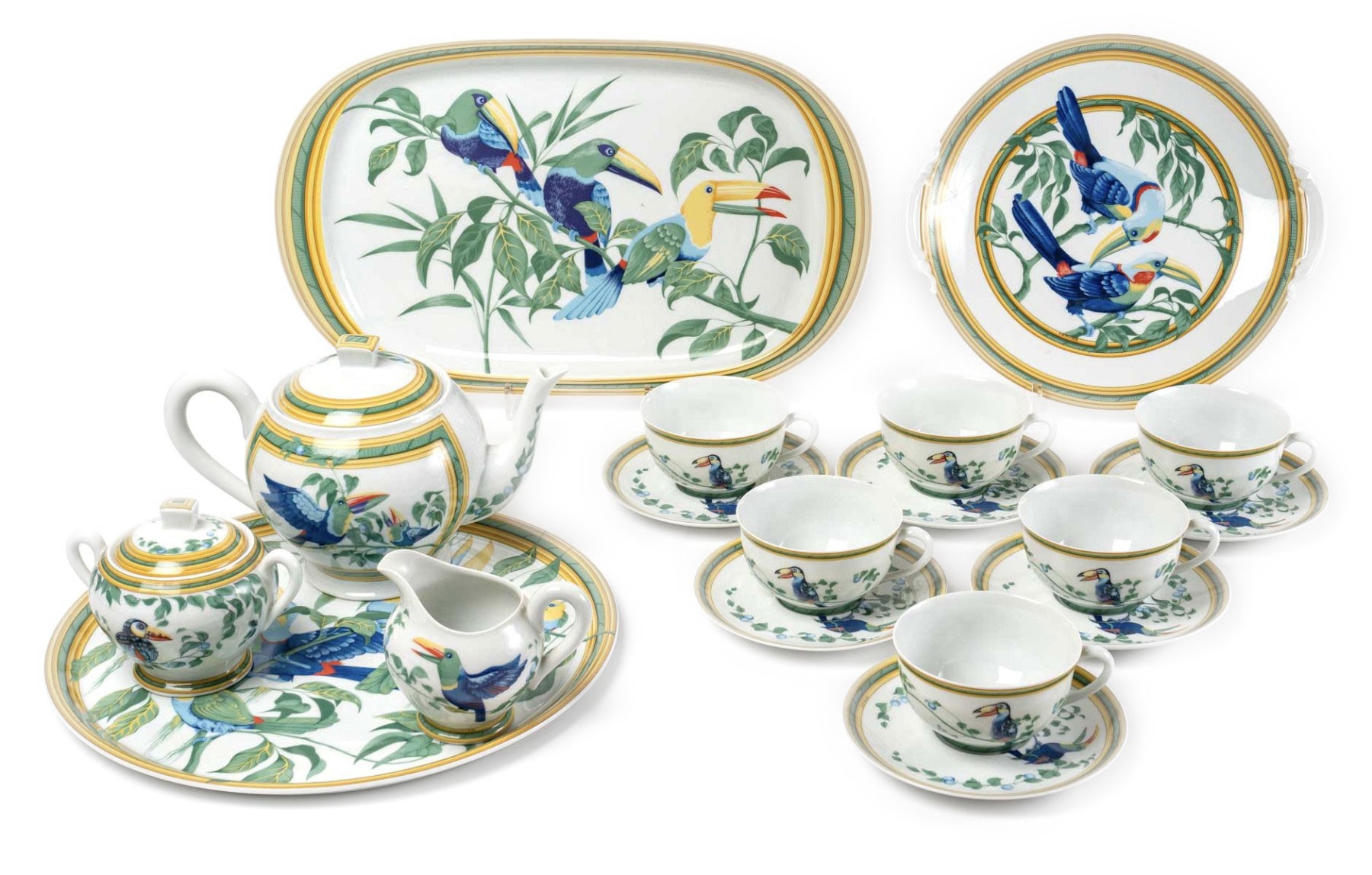Hermes Maison - Coffee Tea Set Toucans Limoges Porcelain 18 Pieces -  Ref.97671