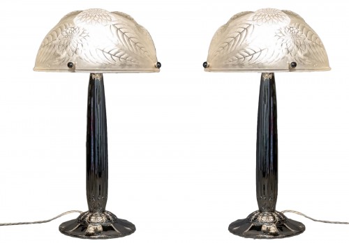 1921 René Lalique - Pair of Lamps "Dahlias" Glass Nickel-
