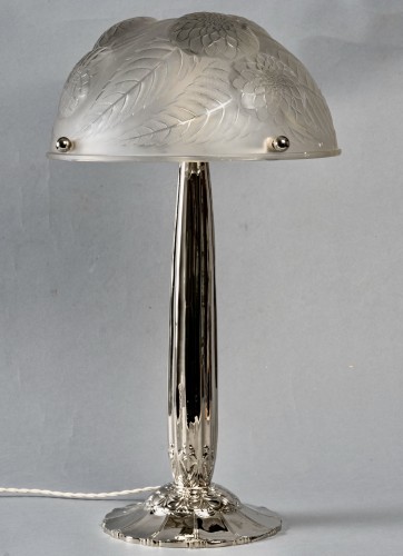 1921 René Lalique - Paire de Lampes "Dahlias" Verre Blanc Pieds Art-Deco - BG Arts