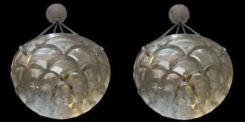 1926 René Lalique - Pair Of Ceiling Fixtures Light Chandeliers Rinceaux Fro - 