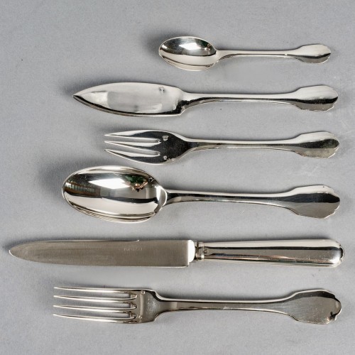 Puiforcat - Cutlery Flatware Set Colbert Solid Sterling Silver - 42 Pieces - Antique Silver Style 