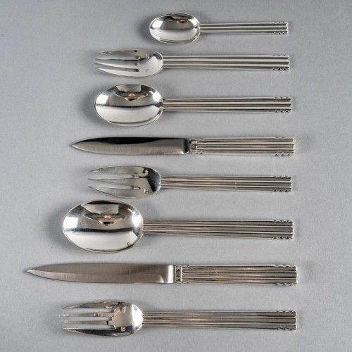 Puiforcat Cutlery Flatware Set Nantes Plated Silver For 8 People 64 Pieces - Antique Silver Style Art Déco