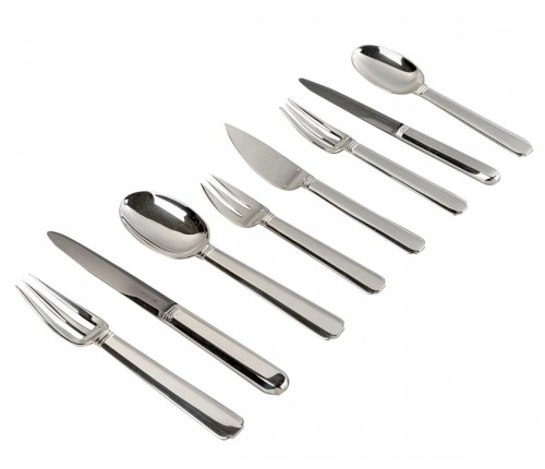 1924 Jean Puiforcat Cutlery Flatware Set Bayonne Sterling Silver 64 Pieces