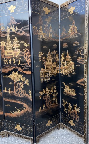 Antiquités - Paravent en laque noire et or, Chine fin XIXe