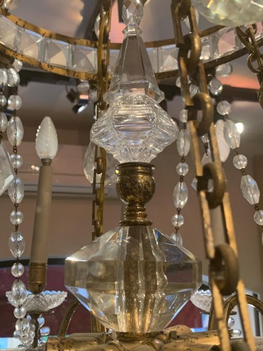 Luminaires Lustre - Grand lustre à 16 lumières en bronze doré et cristal, fin XIXe siècle