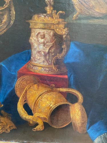 Tableaux et dessins Tableaux XVIIe siècle - Meiffren Conte (1630 - 1705 ) - Nature Morte aux éléments d'Orfèvrerie 