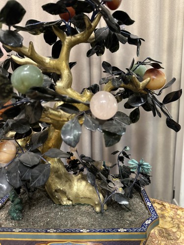 Antiquités - Paire d'arbres en pierres dures et cloisonné, Chine 20e siècle