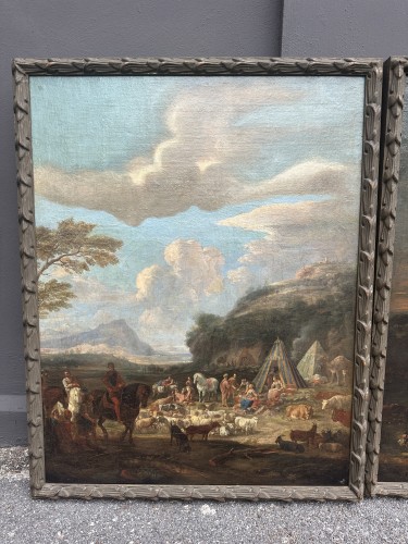 Suite de quatre paysages animés, école italienne du XVIIIe siècle - Tableaux et dessins Style 