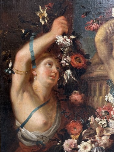 Vénus et Amours tenant guirlandes de fleurs - 17e siècle, Attribué à PIOLA Domenico (1627-1703) - Tableaux et dessins Style 