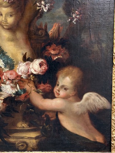Vénus et Amours tenant guirlandes de fleurs - 17e siècle, Attribué à PIOLA Domenico (1627-1703) - Blue Antique - Enzo Gironi 