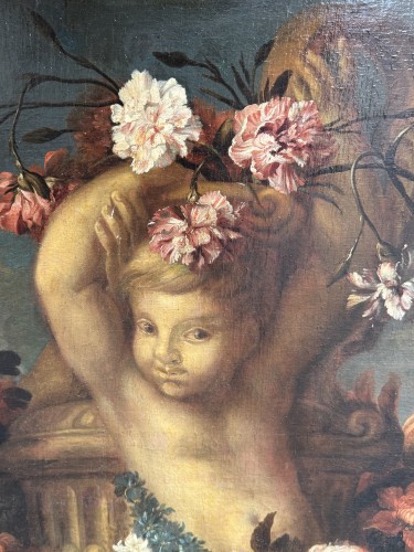 Antiquités - Vénus et Amours tenant guirlandes de fleurs - 17e siècle, Attribué à PIOLA Domenico (1627-1703)