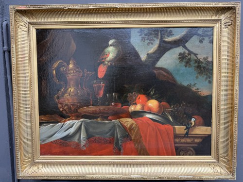 Tableaux et dessins Tableaux XVIIe siècle - Nature morte au perroquet, école française du XVIIe siècle attribué à Meiffren CONTE (1630-1705)