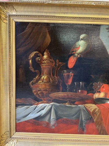 Nature morte au perroquet, école française du XVIIe siècle attribué à Meiffren CONTE (1630-1705) - Blue Antique - Enzo Gironi 