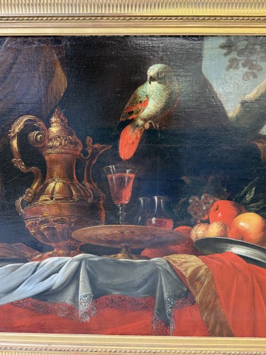 XVIIe siècle - Nature morte au perroquet, école française du XVIIe siècle attribué à Meiffren CONTE (1630-1705)