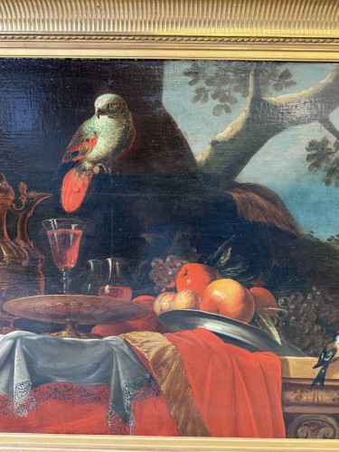 Nature morte au perroquet, école française du XVIIe siècle attribué à Meiffren CONTE (1630-1705) - 