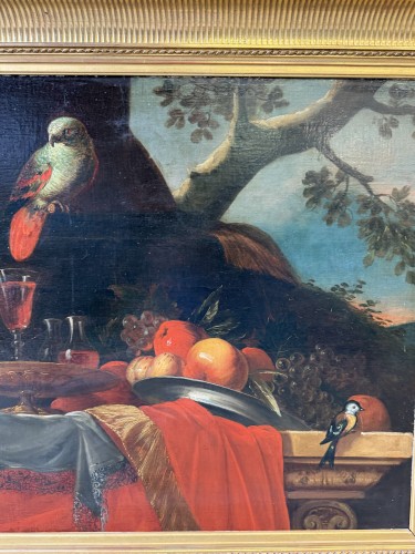  - Nature morte au perroquet, école française du XVIIe siècle attribué à Meiffren CONTE (1630-1705)