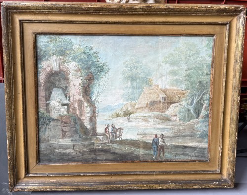 Gouache du 18e siècle représentant un paysage animé - Tableaux et dessins Style 