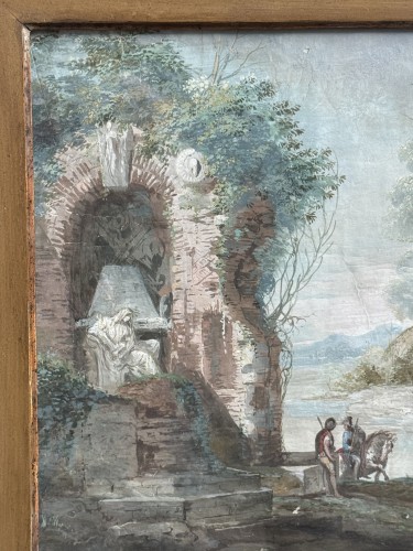 Tableaux et dessins Dessin, Aquarelle & Pastel - Gouache du 18e siècle représentant un paysage animé