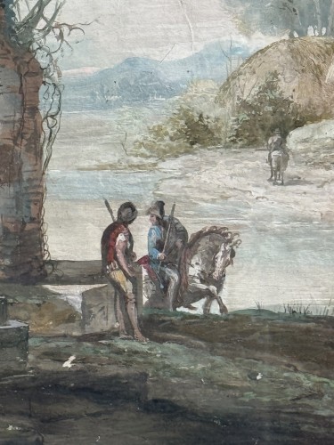 Gouache du 18e siècle représentant un paysage animé - Blue Antique - Enzo Gironi 