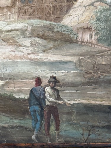 XVIIIe siècle - Gouache du 18e siècle représentant un paysage animé
