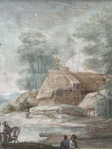 Gouache du 18e siècle représentant un paysage animé - 