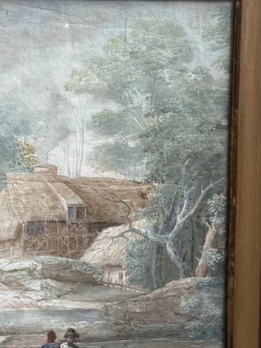  - Gouache du 18e siècle représentant un paysage animé