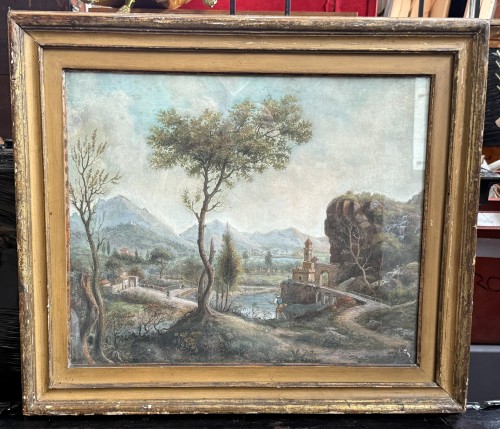 Pysage animé à la rivière, Gouache du XVIIIe siècle - Tableaux et dessins Style 
