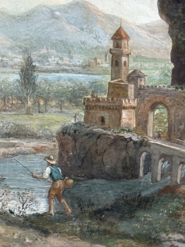 Pysage animé à la rivière, Gouache du XVIIIe siècle - Blue Antique - Enzo Gironi 