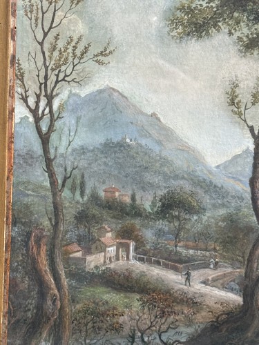 Pysage animé à la rivière, Gouache du XVIIIe siècle - 