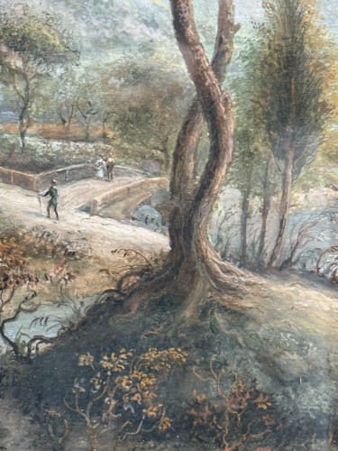 Antiquités - Pysage animé à la rivière, Gouache du XVIIIe siècle