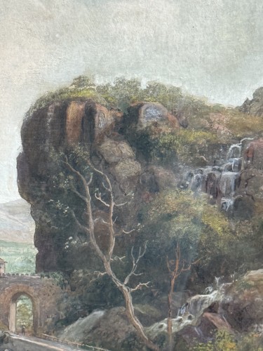 Antiquités - Pysage animé à la rivière, Gouache du XVIIIe siècle