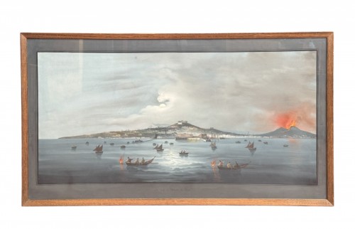 Grande gouache Napolitaine du XIXe siècle intitulée "il golfo di Napoli di notte" 