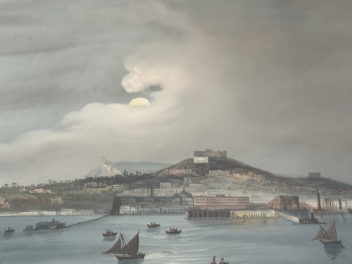 Tableaux et dessins Dessin, Aquarelle & Pastel - Grande gouache Napolitaine du XIXe siècle intitulée "il golfo di Napoli di notte" 
