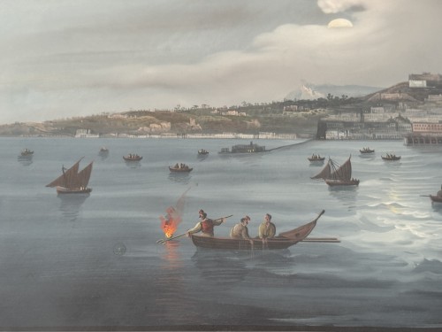 Grande gouache Napolitaine du XIXe siècle intitulée "il golfo di Napoli di notte"  - Blue Antique - Enzo Gironi 