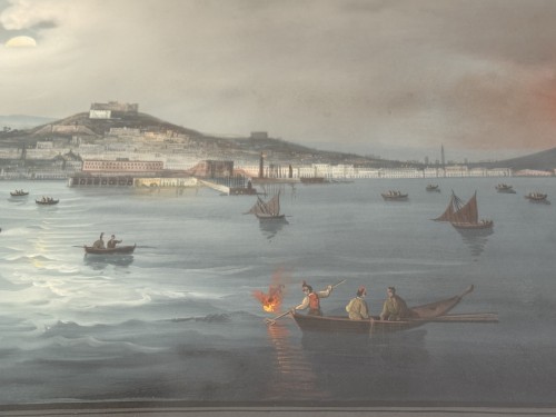 XIXe siècle - Grande gouache Napolitaine du XIXe siècle intitulée "il golfo di Napoli di notte" 