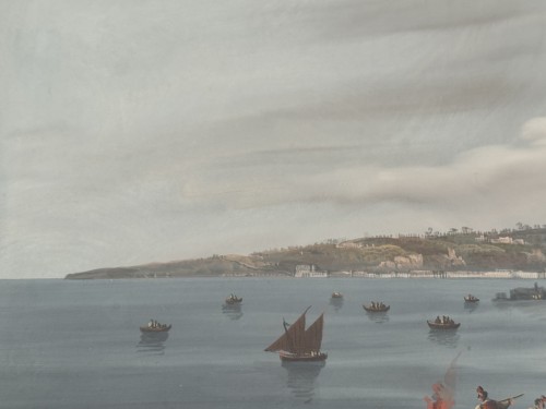 Grande gouache Napolitaine du XIXe siècle intitulée "il golfo di Napoli di notte"  - 